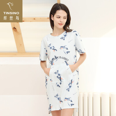 

Filament bird TINSINO Summer lady short-sleeved nightdress red ear bunny cute girl thin section can wear outside home service female WHY9049028 light gray green XL