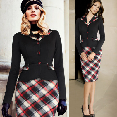 

Womens 2015 Winter Fashion Colorblock Tartan Lapel Peplum Tunic Wear to Work Business Party Sheath Pencil Dress