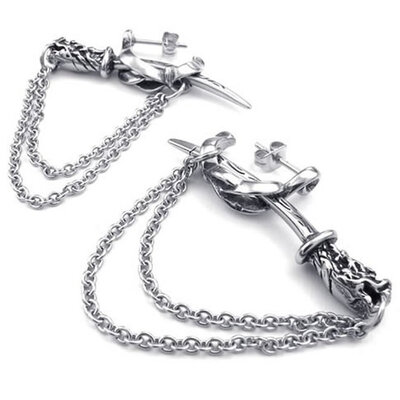 

Hpolw Mens Stainless Steel Gothic Dragon Sword Stud Earrings Black Silver