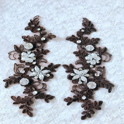 

Brown sew on patches lace applique with rhinestones sequins beads 249cm for dress clothes skirt