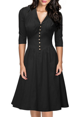 

Bigood Women Elegant 34 Sleeve V Neck Slimming Skater Dress Party Skirt
