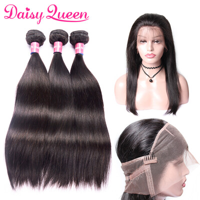 

Brazilian Straight Virgin Hair 360 Lace Frontal Closure With Bundles Human Hair 3 Bundles With Closure Pre Plucked With Baby Hair