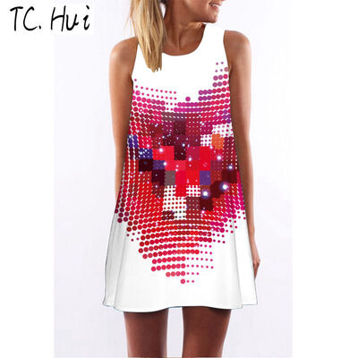 

2018 new trend fashion digital printing round neck strapless dress