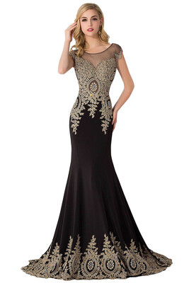 

Lace Applique Mermaid Prom Dresses Capped Sleeves Sheer Long Evening Dresses