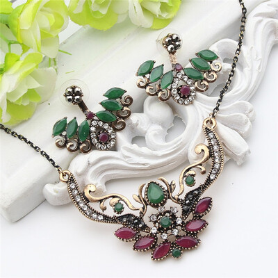 

New Style Turkish Wing Jewelry Sets For Women Retro Gold Color Resin Adjustable Earrings Flower Necklace India Ethnic Bijoux