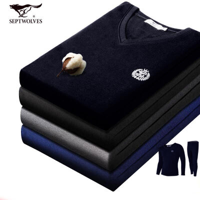 

Seven wolves thermal underwear men plus velvet thick set invisible V-neck mens autumn&winter velvet Qiuyi Qiuku suit 99295 Navy 3XL