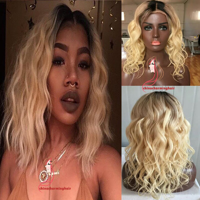 

T1b / 613 # Ombre Blonde Short Bob Wig Человеческие волосы Естественная волна Темные корни Ombre Блондинки Невеселые кружевные передние парики