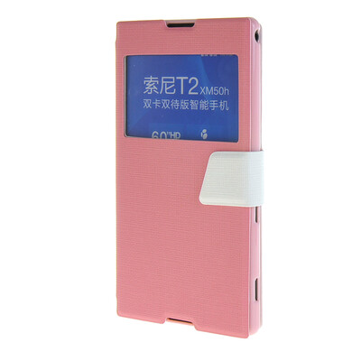 

MOONCASE Xperia T2 , Slim Window Design Leather Side Flip Bracket Case Cover for Sony Xperia T2 Pink White