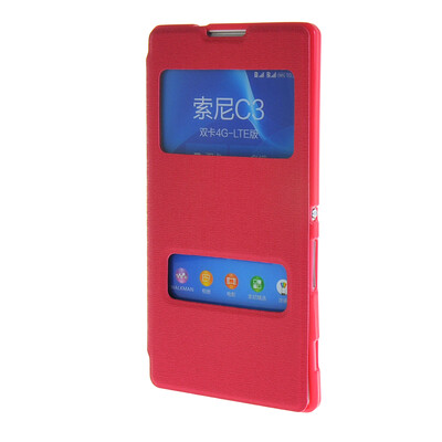 

MOONCASE Сторона Флип жесткий борт тонкий кожаный кронштейн Окно чехол для Sony Xperia C3 Ярко-розовый