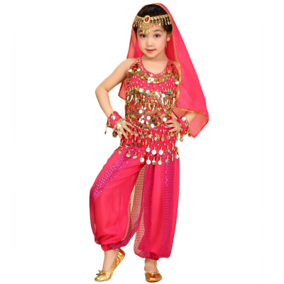 

2018 kids belly dance 6 pcstoppantbelthead chainhand chainveil indian clothes roseredyellow girls belly dance costume
