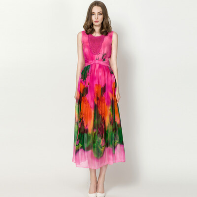 

Высокое качество Бисероплетение пляжа ПЛАТЬЯ РЕАЛЬНЫЙ ШЕЛКОВЫЙ САЙТ ПЛАТЬЯ O-NECK SLEEVELESS MAXI PRINT summer vestidos BLUE COLOR PLUS SIZE S-2XL