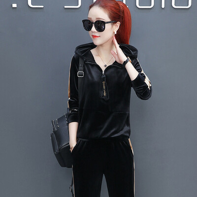 

BANDALY sweater women 2018 womens spring new casual sportswear suit womens fashion Korean sweater Slim was thin two-piece zx3B432612 black M