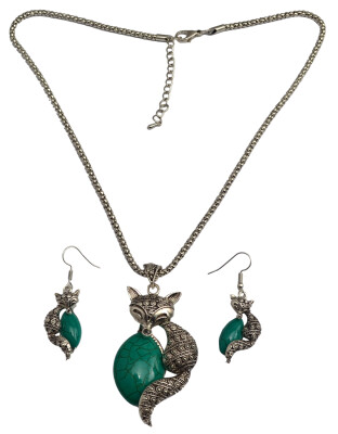 

Idealway Bohemian Vintage Silver Snake Chain Turquoise Green Bead Stone Fox Pendant Necklace Bracelet Earrings Sets