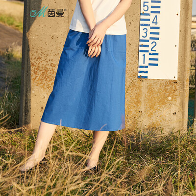 

INMAN 2018 summer new Japanese temperament Van big pocket small A-type elastic waist skirt female 1882110205 Electric light blue XL