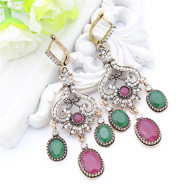 

Vintage Turkish Women Hollow Flower Long Drop Earring Big Round Resin Pendant Hook Jewelry Earrings Antique Gold Color Arabia