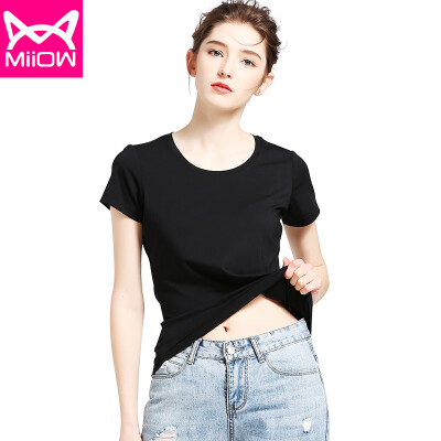 

Cat Man MiiOW T-Shirt Womens T-Shirt 2018 Summer New Casual Round Neck Stretch Slim Half Sleeve Shirt Modal Bottoming Shirt MOT815001 Pure Black