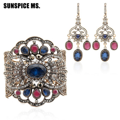 

Этнические турецкие женщины смолы браслет серьги ювелирные изделия устанавливает античный золото цвет широкий браслет манжеты длин