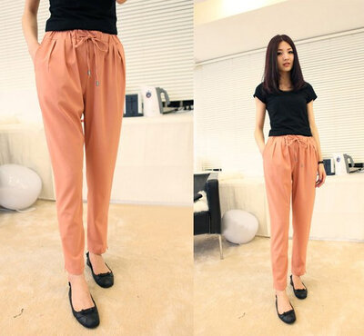 

Women Casual Pants Solid Color Elastic Drawstring Waist Full length Chiffon Harem Pants