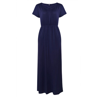 

Try Everything Long Dress Women Summer 2018 Elegant Short Sleeve Casual Dress For Women Cross V-Neck Draped Tunic Womens Dress