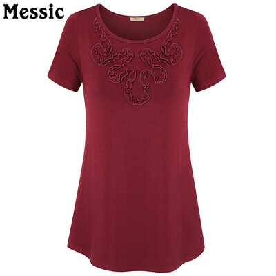 

Vintage Appliques Flower Female T-shirt Short Sleeve O-Neck Women Casual Solid Tee Curved Hem Femme Casual Tops Plus Size