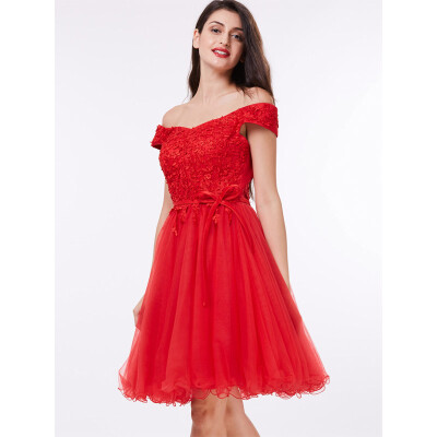 

CAZDZY A-Line Off-the-Shoulder Appliques Lace Sashes Knee-Length Cocktail Dress