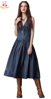 

M L elegant cotton new summer 2018 long jeans dress women sleeveless denim dark blue mid calf pleated a line deep V neck