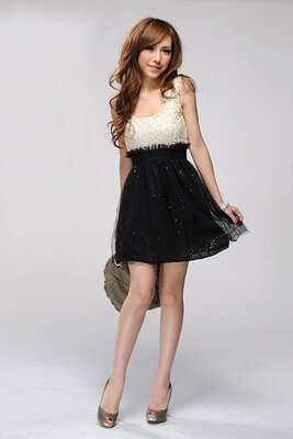 

Women Fashion Scoop Neck Elastic Waist Sequin Lace Stitching Dress
