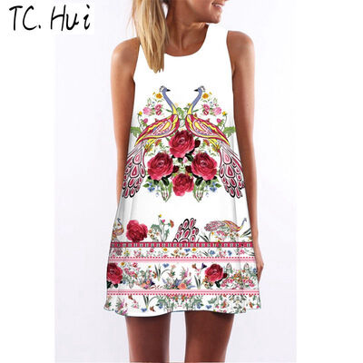 

2018 new trend fashion digital printing round neck strapless dress