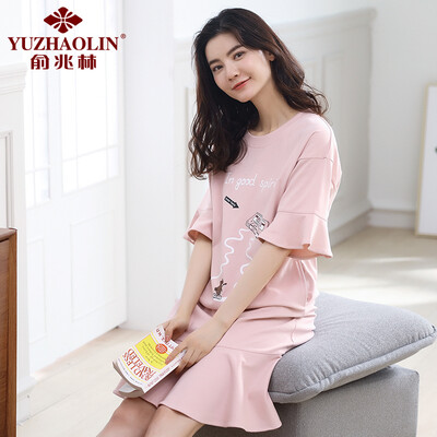 

Yu Zhaolin YUZHAOLIN pajamas female summer cotton short-sleeved ladies nightdress pajamas womens home service suits can be worn outside 3326 pink