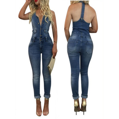 

Fashion Denim Long Jumpsuit Women Rompers Sleeveless Button Bodysuit Jeans Overalls S-XL