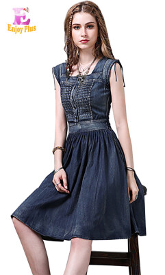 

S M L High Quality chest 88-96cm cotton vintage new summer 2018 blue denim jeans dress women sleeveless slim a line elegant midi