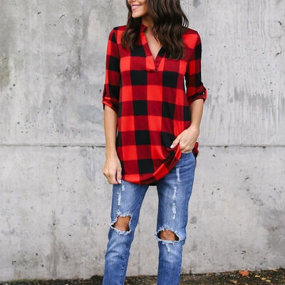 

Try Everything Half Sleeve Red Plaid Shirt Women Plus Size  Summer Tops And Blouses For Women 2018 V Neck Loose Shirt Female