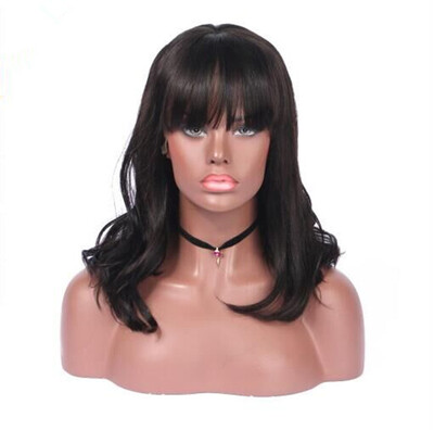 

T-top Hair Short Natural Wave With Bang Virgin Human Hair Lace Front Wig Swiss Lace Natural Black Color Bleached Knots Human Hair