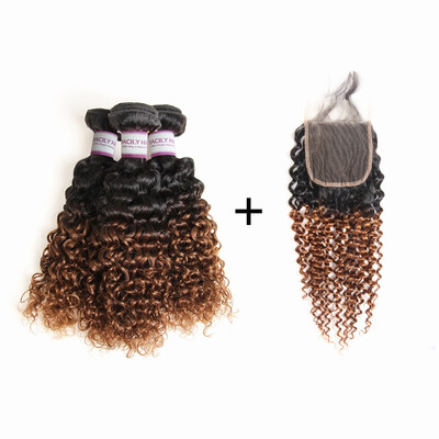 

Racily Hair 1B30 Ombre Peruvian Kinky Curly Hair 3 Bundles with Lace Closure Free Part Dark Brown Human Hair Weave