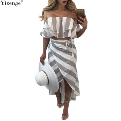 

Yizenge Cascading Ruffle Striped off Shoulder Sleeveless Beach Wear Two Piece Summer Dress 2018 Casual Bodycon Beach Dresses