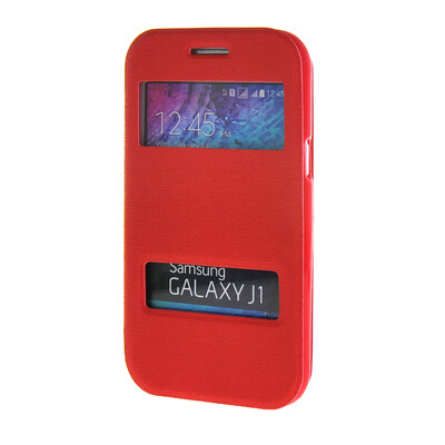 

MOONCASE Сторона Флип жесткий борт тонкий кожаный кронштейн Окно чехол для Samsung Galaxy J1 красный