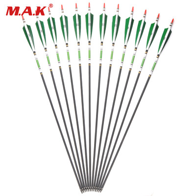 

24pcs 80cm Spine 500 Углеродные стрелки OD7.6mm ID6.2mm с 2 зелеными и 1 белым пером Турции для охоты Стрельба из лука