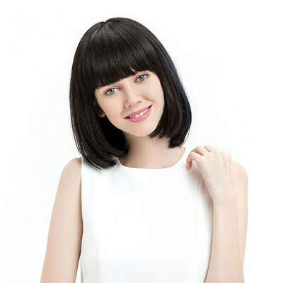 

Sweet Black Human Hair Wig With Bangs Lace Front Ladies BoBo Straight Hair Wigs