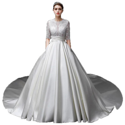 

Satin Illusion Pearls 12 Sleeves Sash Hollow Jewel A Line Wedding Gown