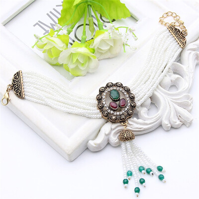 

Vintage Beaded Bracelet Women Flower Round Resin Jewelry MultiChain Beads Bracelets Antique Gold Color Gypsy Bride Jewelry Gift