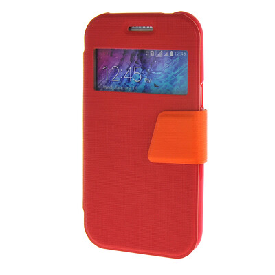 

MOONCASE Galaxy J1 , Slim Window Design Leather Side Flip Bracket Case Cover for Samsung Galaxy J1 Red Orange