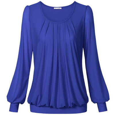 

Women TShirt Long Sleeve O-Neck Front Pleated Pullover Candy Color Scoop Crew Pleated Stretch Slim T-shirts Femme Plus Size Tops