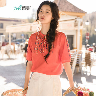 

INMAN summer dress with round neck five points in the sleeve retro wave embroidery flower shirt female 18820VP12292 orange