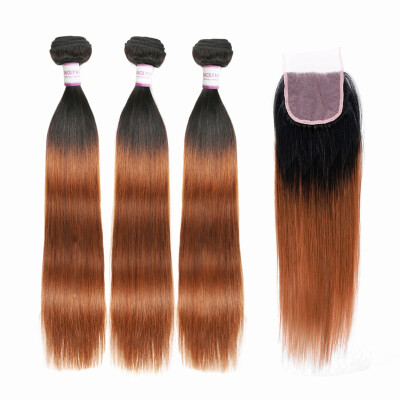 

1B30 Ombre Brazilian Hair Straight 3 Bundles with Closure Dark Brown Silky Straight Virgin Human Hair Free Middle Three Part