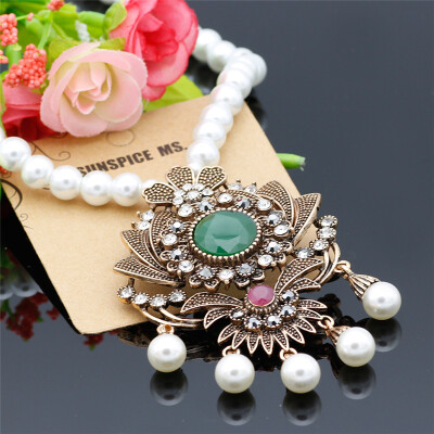 

Vintage Flower Strand Bead Pendant Necklace Set Women Antique Simulated-pearl Chain Turkish Indian Wedding Resin Corsage Jewelry