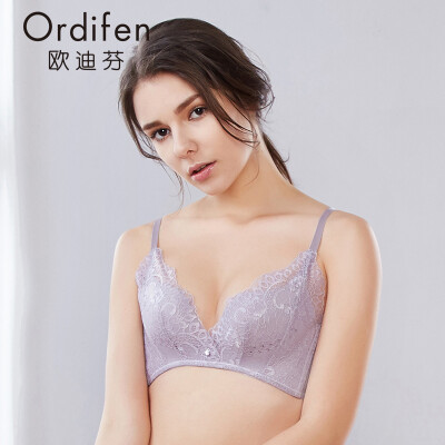 

Ou Difen no steel ring bra 2018 spring&summer new thin section breathable hole cup gathered bra sexy lace underwear bra XB8217 clear purple 75B