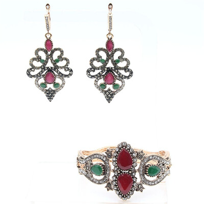 

Ethnic Bridal Jewelry Vintage Earring Bangle Antique Gold Resin Jewelry Sets Long Hook Dangle Earrings Water Drop Bracelet Cuff