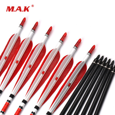 

6 pcs 80cm Spine 500 Carbon Arrows OD76mm ID62mm with 2 Red&1 White Turkey Feather for Hunting Shooting Archery