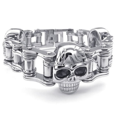 

Hpolw Mens Stainless Steel Bracelet, Heavy Wide Biker Skull, Silver
