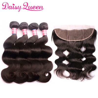 

8A Peruvian Virgin Hair With Lace Frontal Body Wave 5pcs Pre Plucked 13x4 Lace Frontal Closure With 4 Bundles Natural Hairline